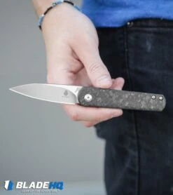 Kizer Lundquist Feist Front Flipper Knife Shred CF (2.8" Stonewash) Ki3499E4 -Kizer Store Kizer Lundquist Feist Liner Lock Front Flipper Knife Marble CF Stonewash BHQ 101711 kp in hand web